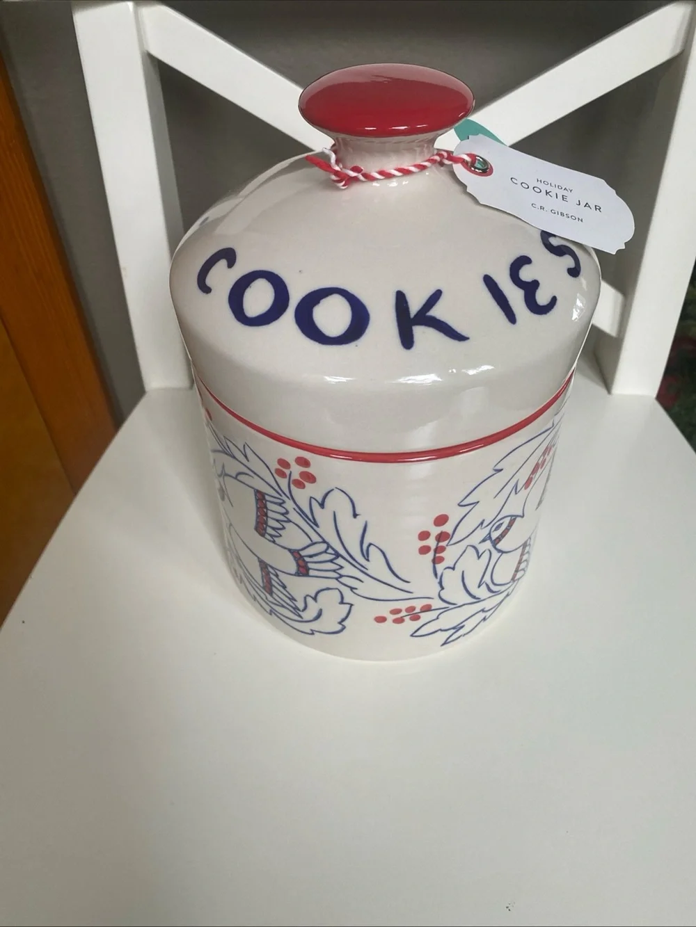 Anthropologie Molly Hatch Cookie Jar Cooklies Bird Canister Blue Red Lid